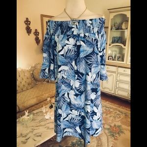 Caribbean Joe NWOT ruched neckline off shoulder palm print dress size M